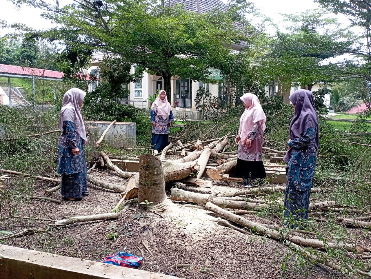 Kepsek SMAN 3 Batusangkar Anis Muharnis bersama para guru membenahi taman sekolah. (chandra antoni)